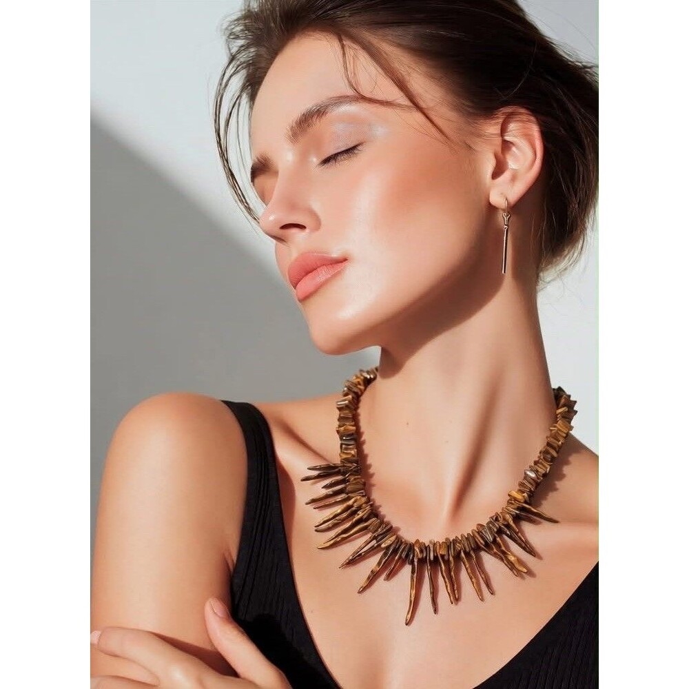 Vintage Tiger Eye Stone Spike Necklace Brown Chip Bead Tribal Boho Statement - Picture 2 of 16